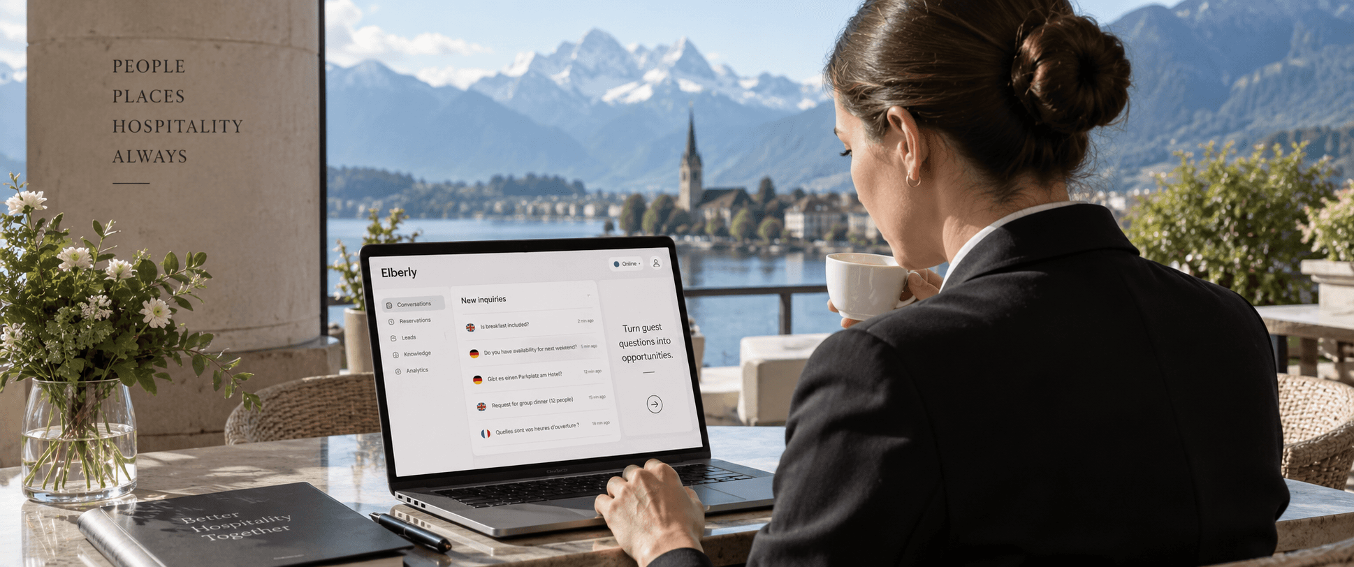 Swiss hotel professional using AI to manage multilingual guest inquiries with an Alpine hospitality setting.