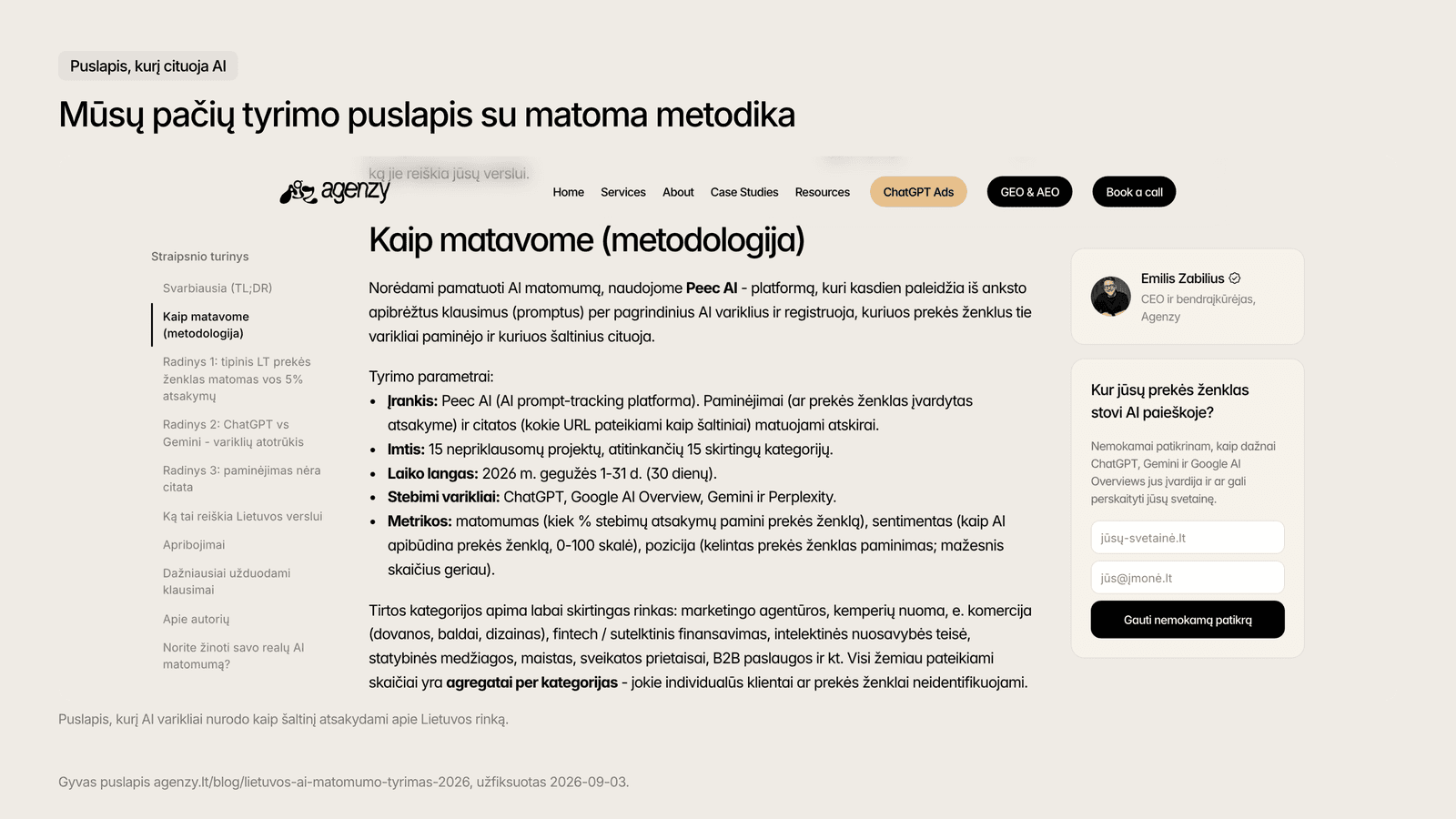 Agenzy tyrimo puslapis, kurį AI atsakymai nurodo kaip šaltinį.