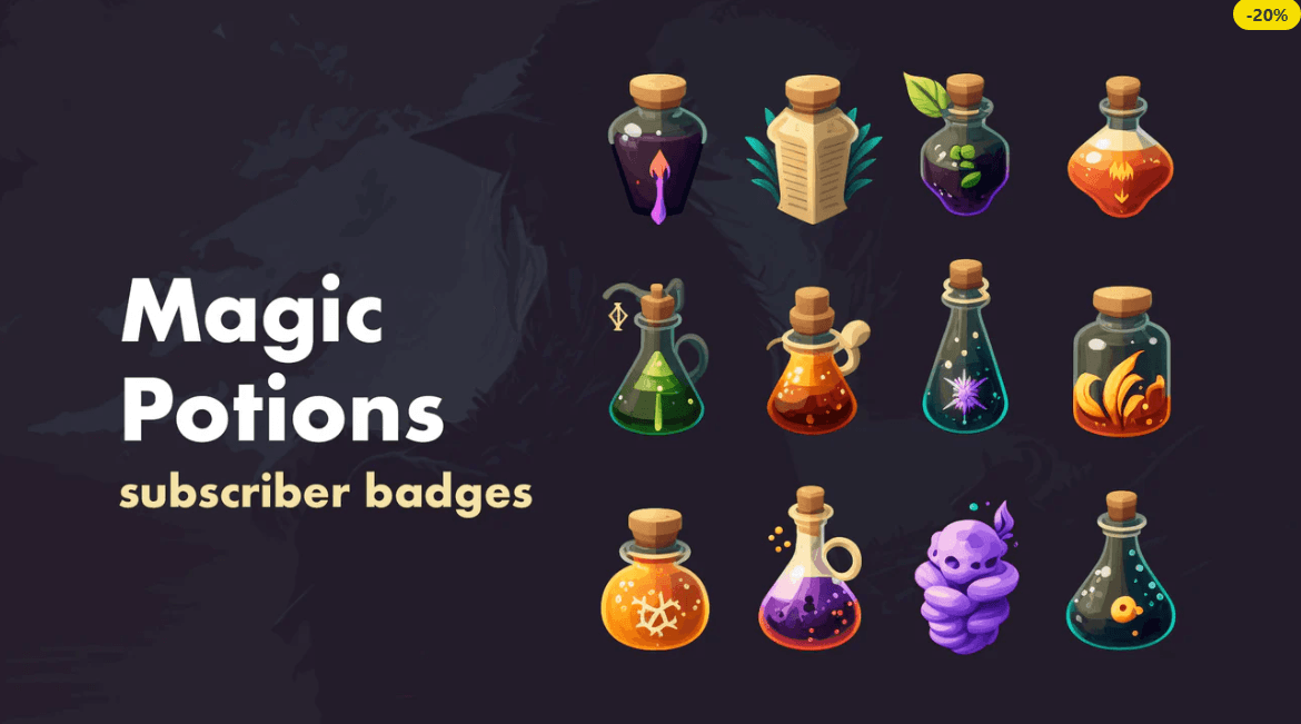 Magic Potions Subscriber Badges preview – a set of 12 colorful potion bottle icons for Twitch, YouTube, Facebook Gaming, and Discord. Includes fantasy-themed badge designs with vibrant elements like flames, leaves, crystals, and magical liquids. Perfect for RPG and fantasy streamers.