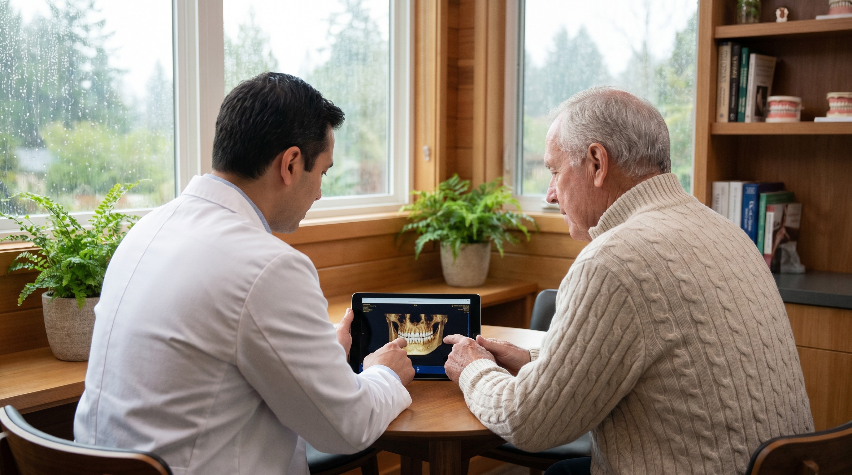 Dentist and older patient reviewing a 3D jawbone scan on a tablet in a sunlit Tigard consultation room
