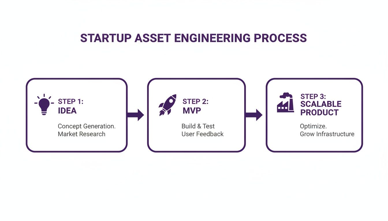 A three-step startup asset engineering process showing Idea, MVP, and Scalable Product stages with descriptions.