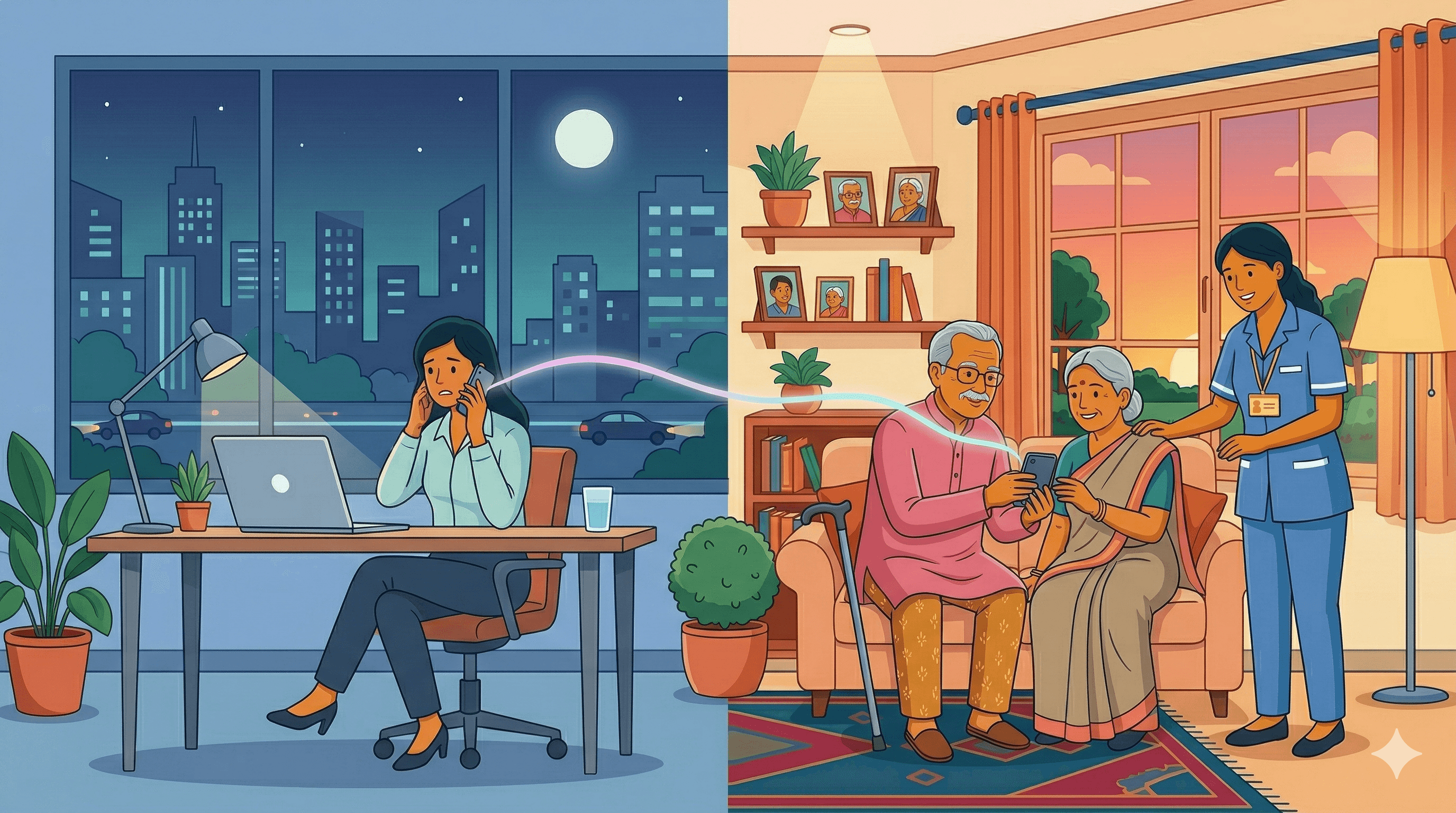 Wide clean flat vector illustration in soft pastel colors showing long-distance eldercare for NRI families. On the left side, an Indian adult child working late at night in a foreign city (laptop or phone), looking concerned while talking on a call. The background shows a night setting with a window and city skyline. On the right side, elderly Indian parents are at home in a bright, warm living room, with a professional caregiver assisting them calmly. The scene should visually contrast distance but show emotional connection between both sides. Include minimal elements like sofa, indoor plants, and soft lighting. Modern healthcare website illustration style, smooth flat vector shapes, minimal shading, soft gradients, clean Adobe Illustrator style, no grain texture, wide composition suitable for a blog banner.
