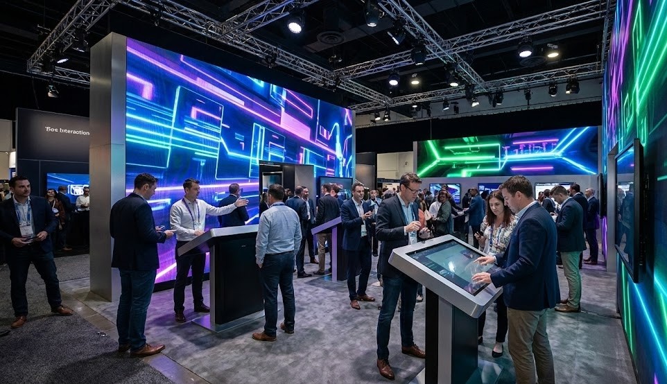 Estande de feira profissional movimentado, apresentando grandes painéis de LED com gráficos neon e visitantes a interagir com quiosques digitais táteis.