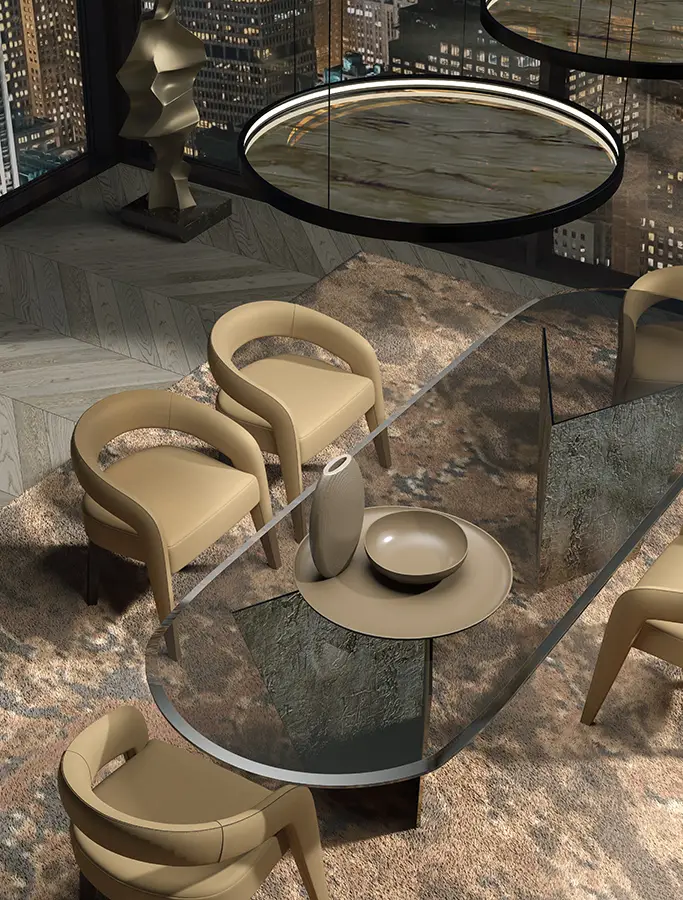 Italian luxury modern dining table with five leather chairs.