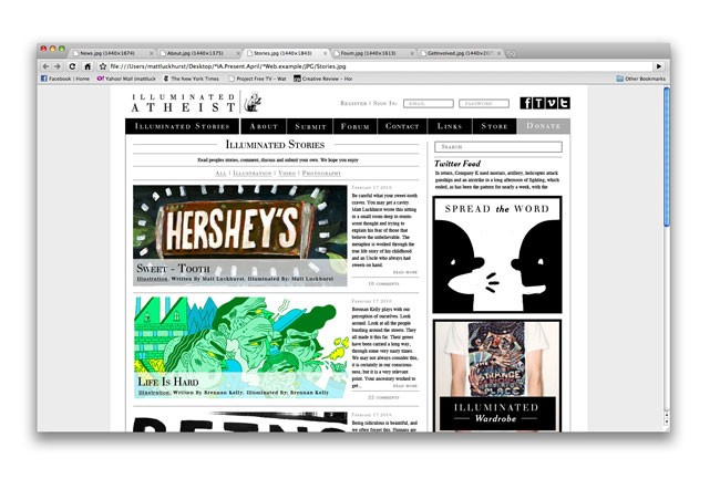 A computer screen displays a webpage titled "Illuminated Atheist," featuring articles and images. The top navigation bar includes options like "About," "Submit," "Forum," "Contact," "Links," and "Store." The main content area shows articles with titles such as "Hershey's," "Sweet Tooth," "Life Is Hard," and "Illuminated Wardrobe." Images include a large Hershey's sign, a stylized face graphic, and a book cover titled "Illuminated Wardrobe." A sidebar on the right lists "Twitter Feed" and "Search."