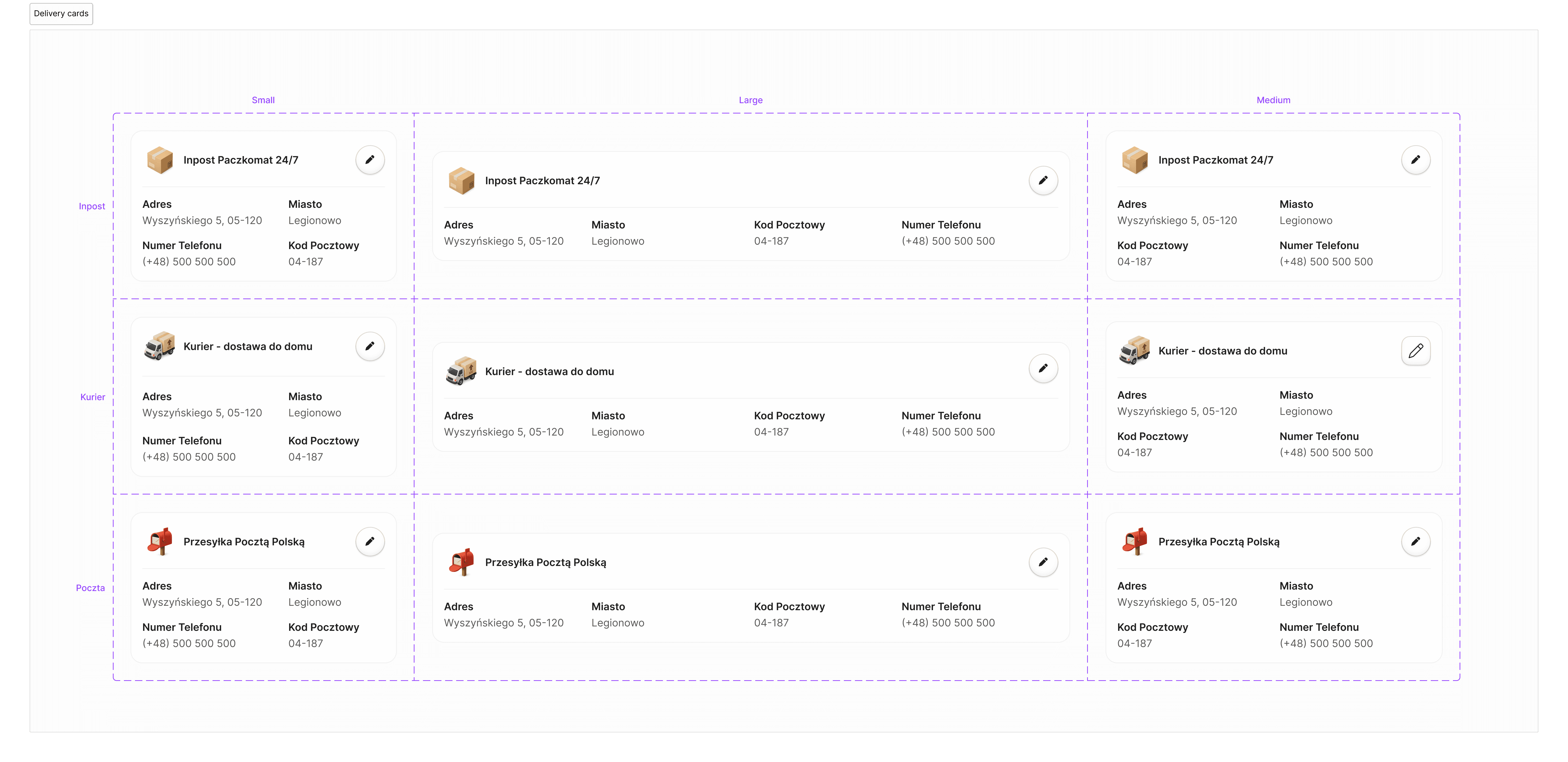Responsive delivery summary cards for InPost, Courier, and Post, showing adaptive layouts for mobile, tablet, and desktop viewports.