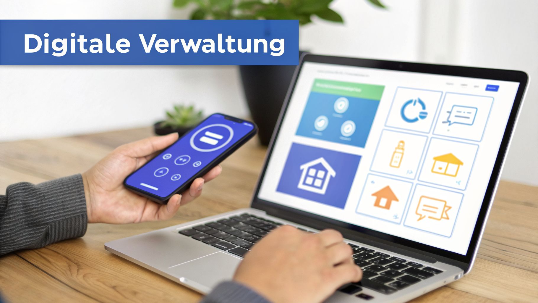 Person nutzt Laptop und Smartphone für digitale Verwaltung, mit Icons für Smart Home und Services.