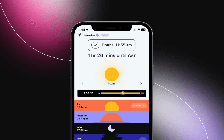 Prayerly app displaying a prayer time application with a countdown to the next Salah, providing a digital tool for tracking and maintaining punctual prayer habits.