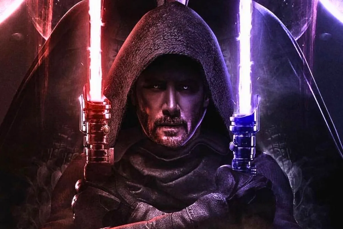 A fan-made depiction of Keanu Reeves as Darth Revan. Revan holds a red lightsaber in one hand and a purple lightsaber in the other, both glowing brightly against a dark, atmospheric background. The design highlights Revan’s duality and commanding presence as a Sith and Jedi.