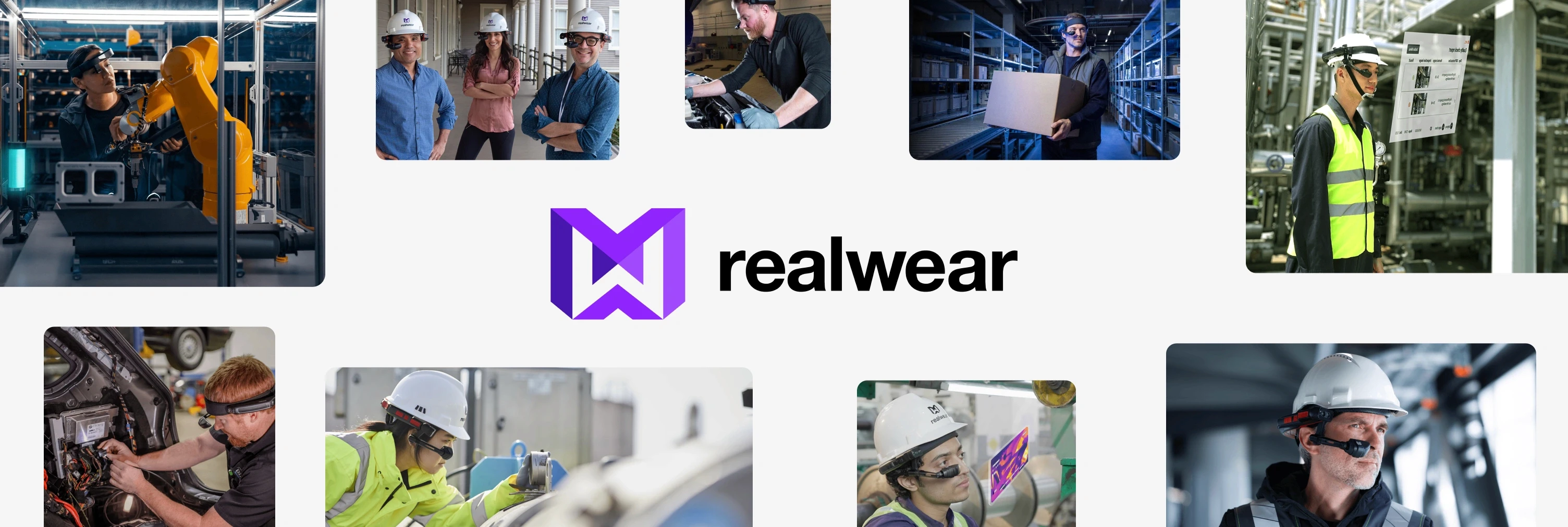 RealWear logo with photos of workers wearing rugged voice-controlled headsets in industrial and warehouse settings