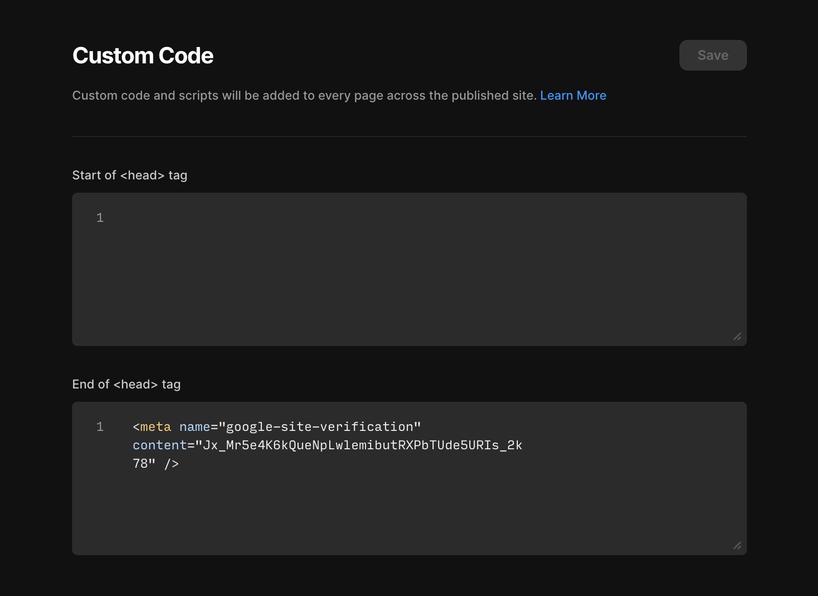 GSC verification code in the custom code section of Framer website