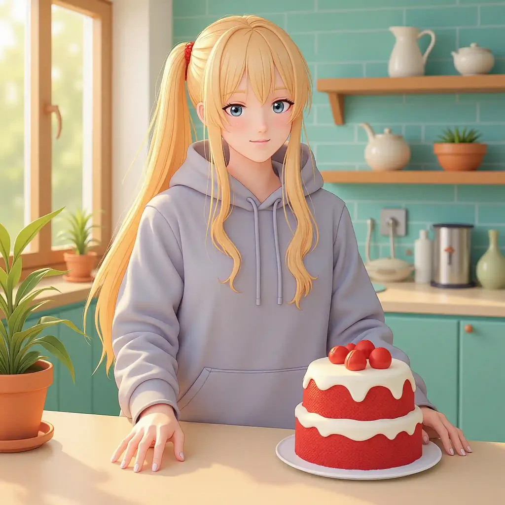 Pastry chef baking with AI character generator in blue apron.