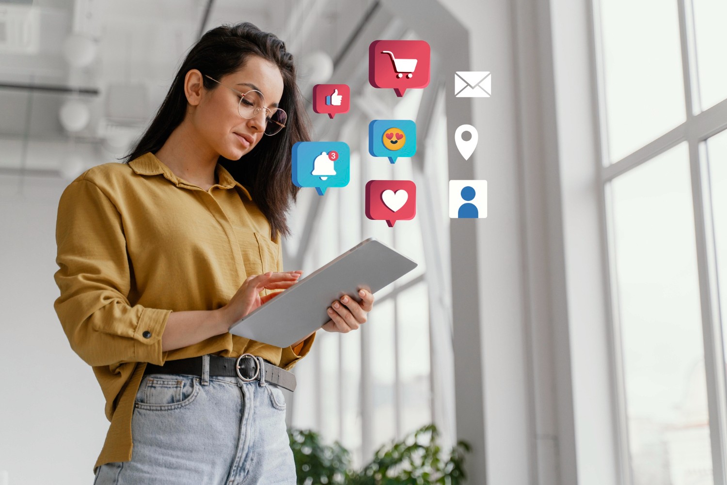 A woman holds a tablet, with various social media icons floating above her head, symbolizing digital connectivity.