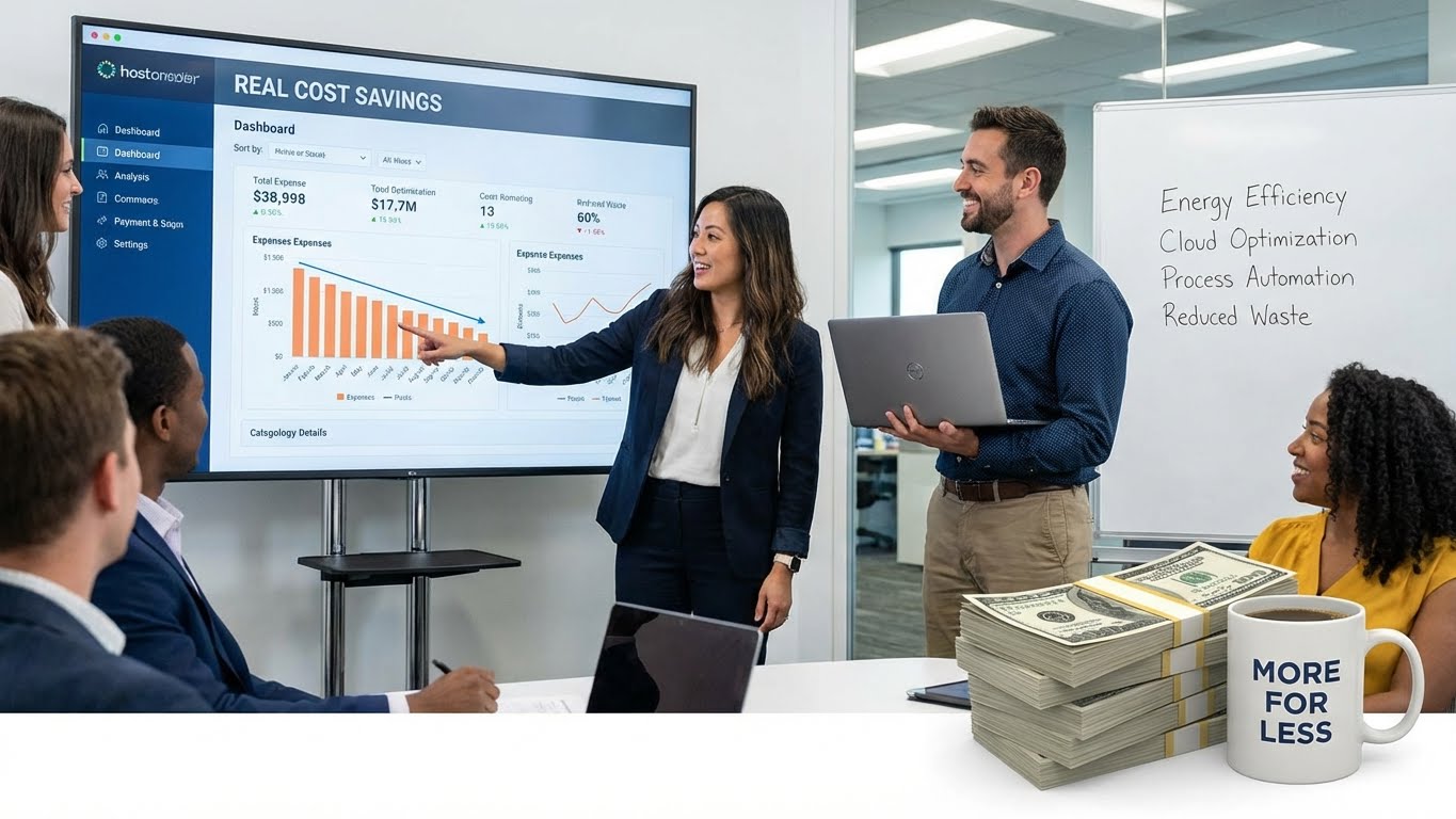 Business team reviewing real cost savings achieved through AI automation on a performance dashboard
