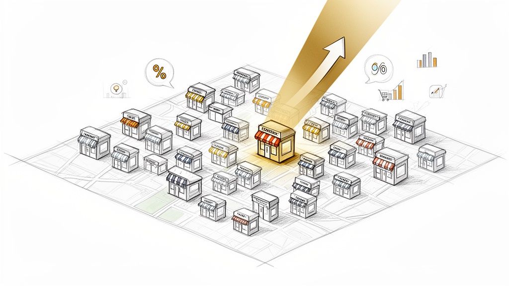 An isometric illustration of many small stores on a map, with one highlighted showing business growth and analytics.