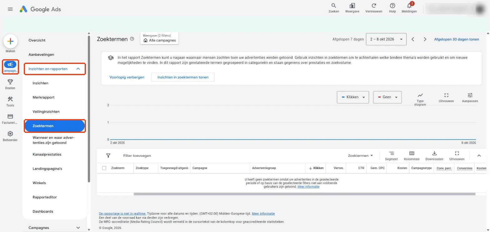 Google Ads: Campagnes, Inzichten en rapporten, Zoektermen
