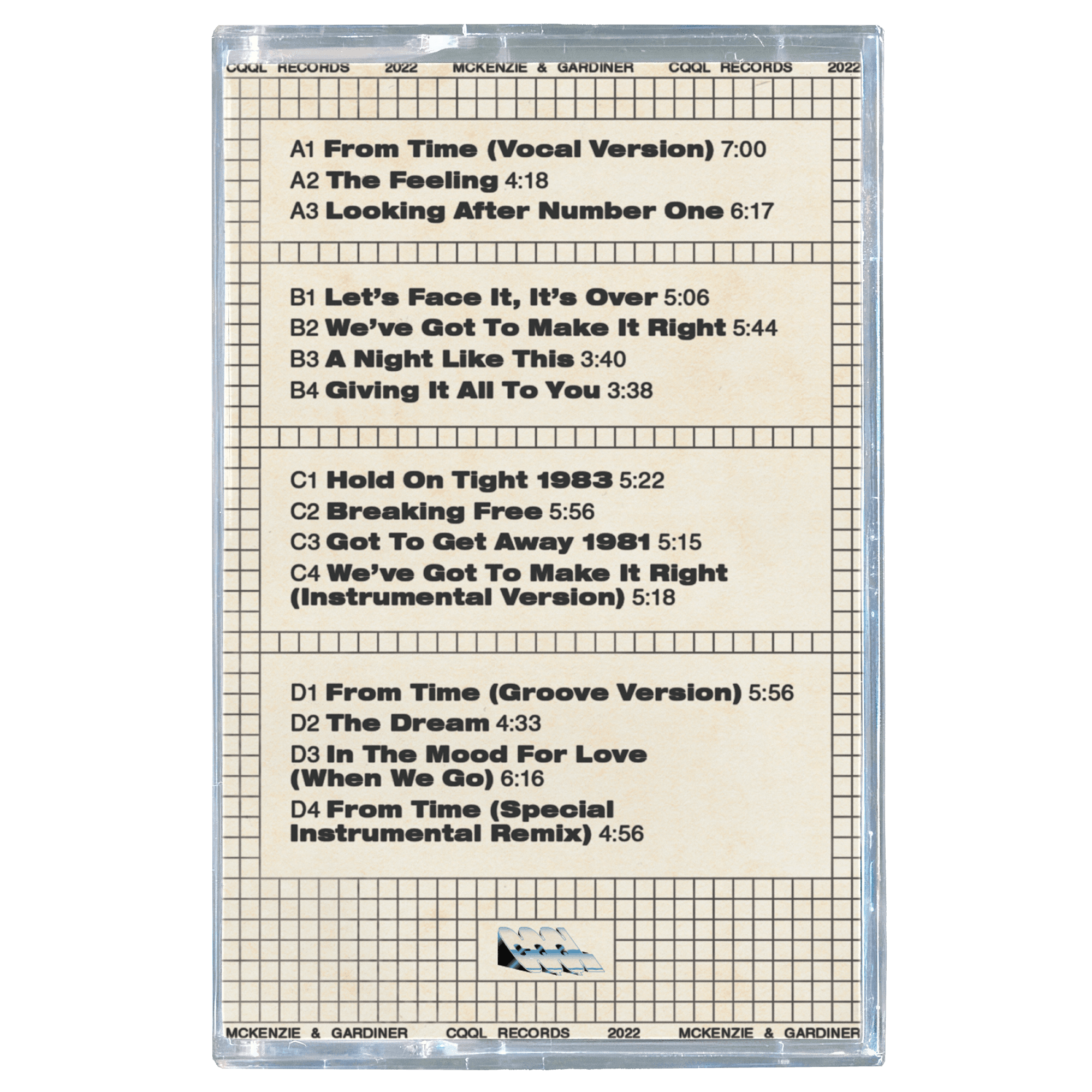 Cassette tape with tracklist on a white background