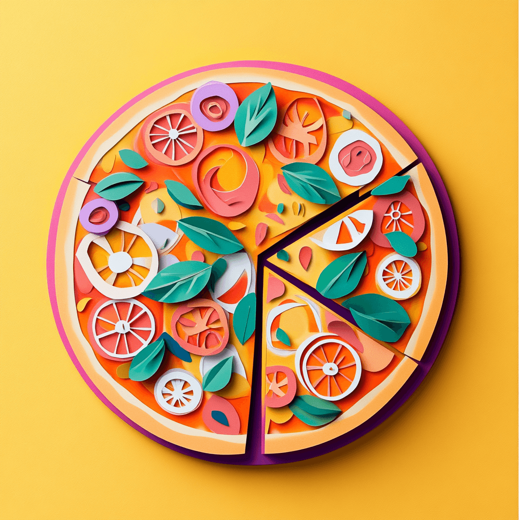 Colorful paper art of a sliced pizza with vibrant toppings, including basil leaves, sliced tomatoes, purple onions, and abstract shapes, set against a bright yellow background.