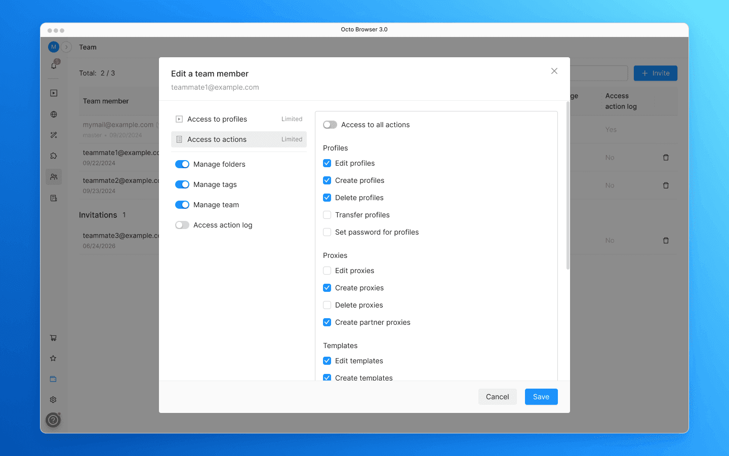 Team member settings are now divided into two tabs: “Access to profiles” and “Access to actions.”