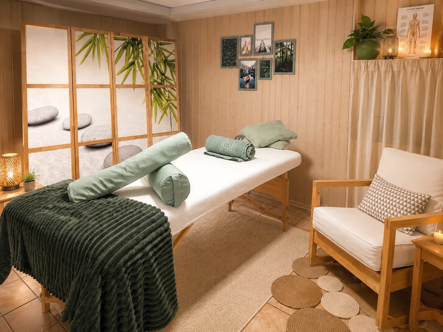 Photographie d'un cabinet de massage aux tons beige, blanc et vert