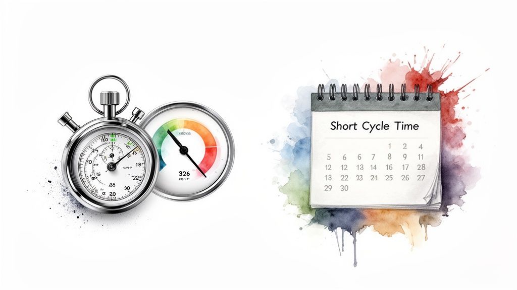 A stopwatch, a gauge with a high reading, and a calendar titled 'Short Cycle Time' amidst watercolor splatters.