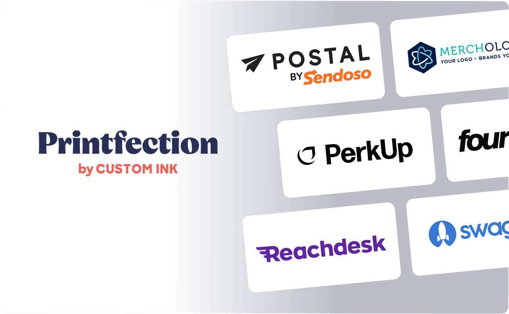 A logo of Printfection. Beside it, logos of Postal, Merchology, PerkUp, Fourthwall, Reachdesk, and SwagUp are also listed.
