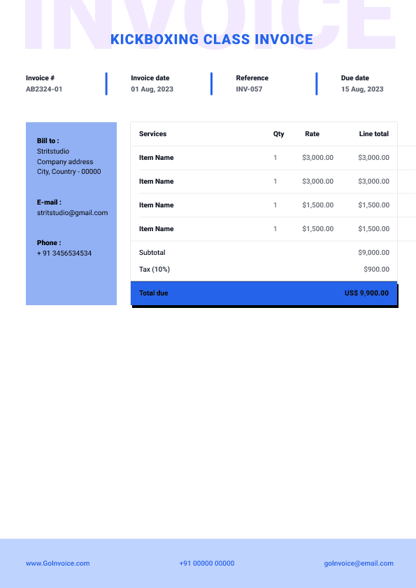 Kickboxing Class Invoice