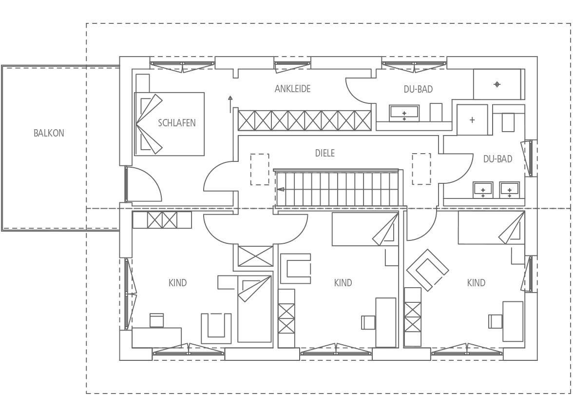 Grundriss einer Wohnung mit Schlafzimmer, Ankleide, Diele, Balkon und drei Kinderzimmern, inklusive zwei Duschbädern.