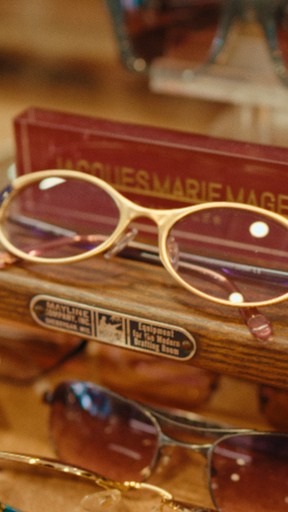 Luxury sunglasses displayed in store.