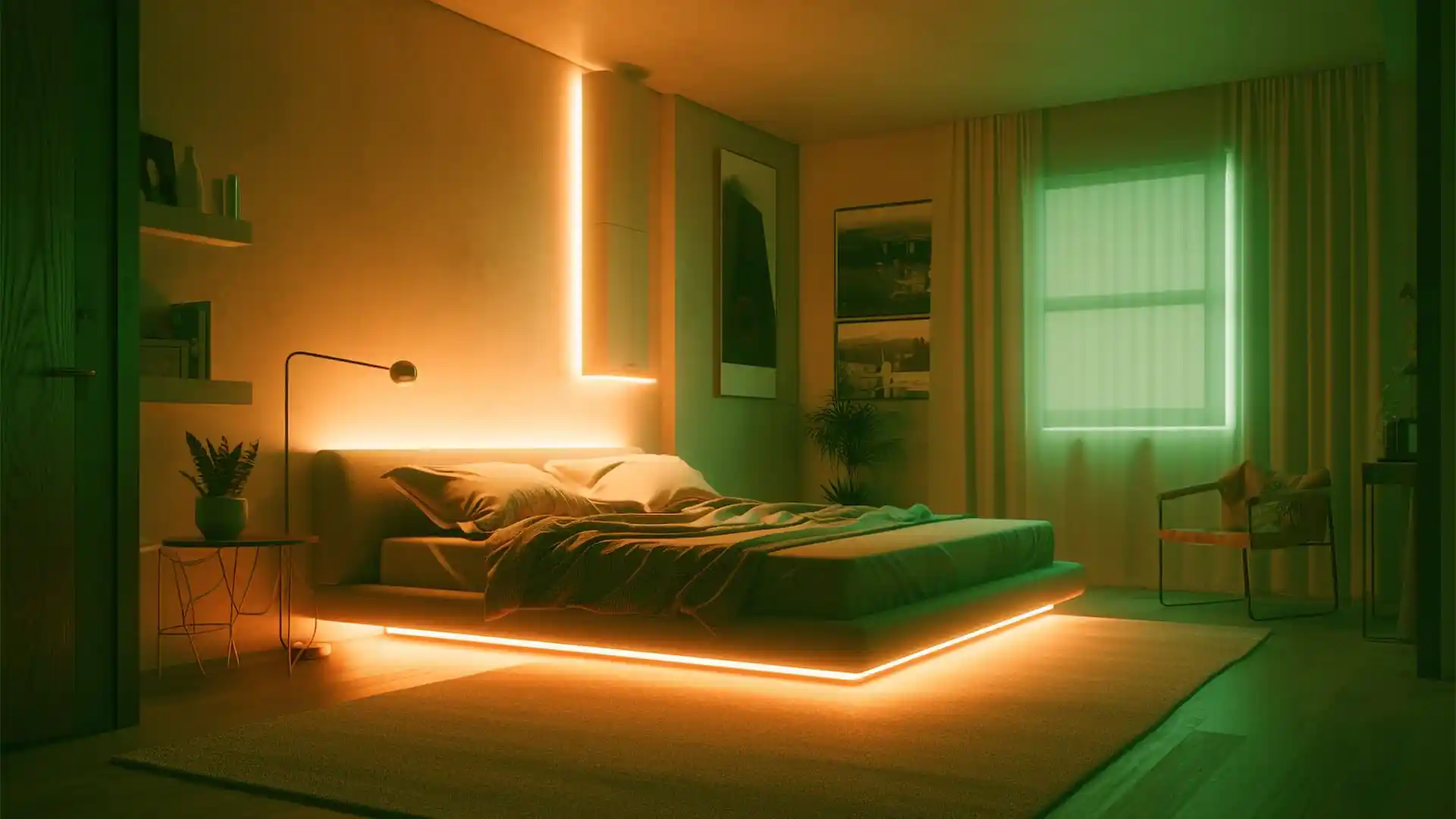 cozy bedroom with smart lighting mood control system
