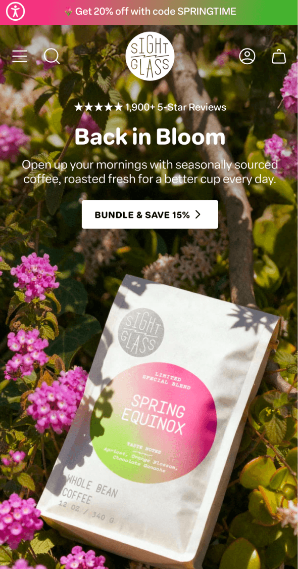 Mobile Shopify hero for Sightglass Coffee featuring seasonal “Back in Bloom” coffee release