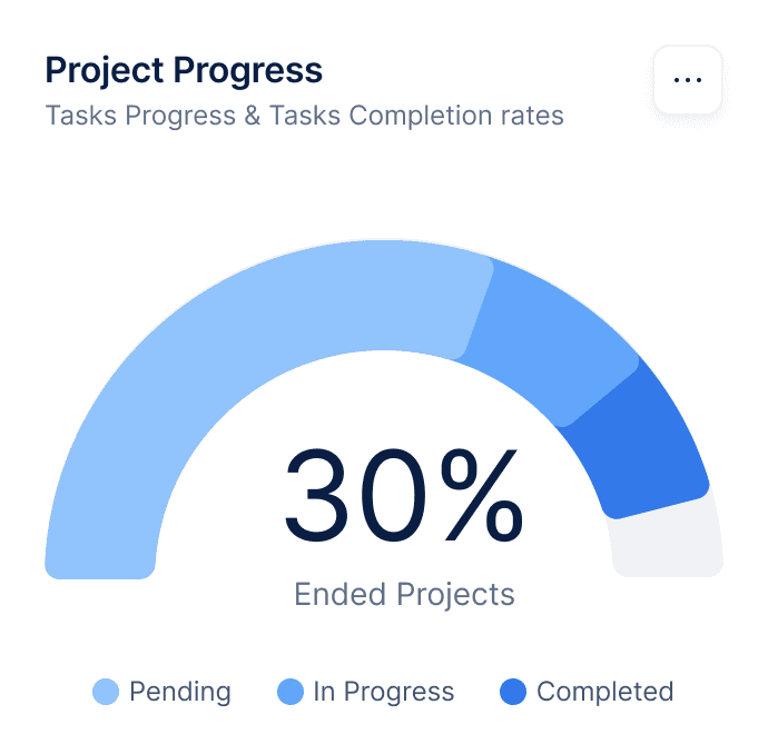 A progress gauge shows 30% completion, with sections labeled "Ongoing," "In Progress," and "Completed."