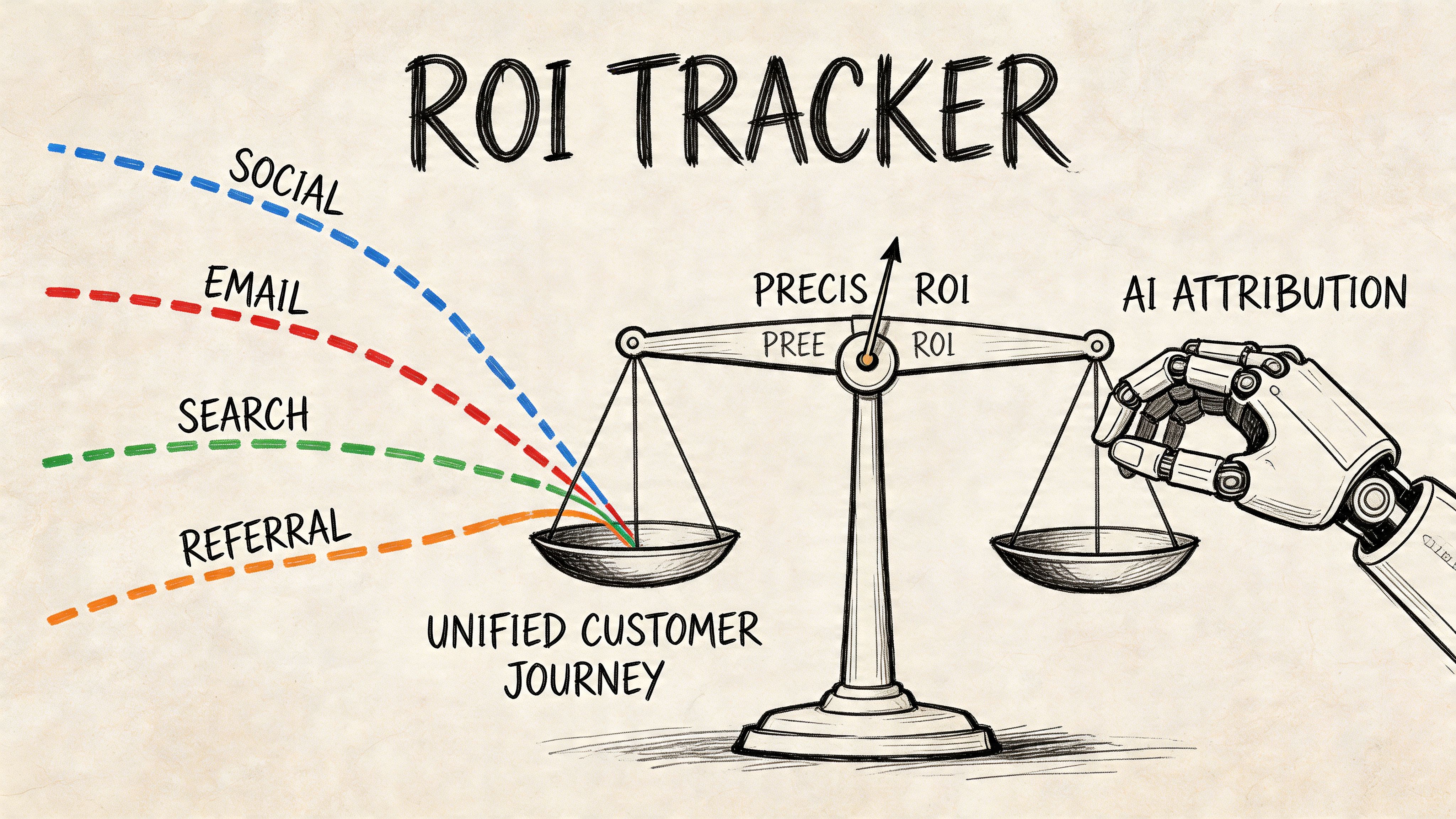 A conceptual illustration showing various marketing channels flowing into a scale balanced by AI-powered attribution technology.