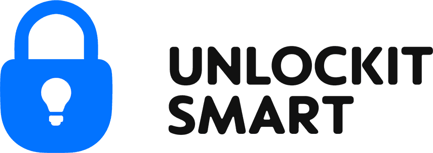 A blue padlock icon is positioned to the left of the bold, black text reading "Unlockit Smart," against a transparent background. Suggesting a professional Locksmith service Logo