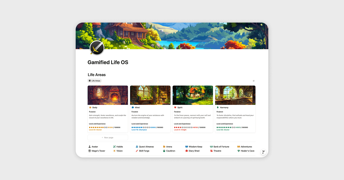 The image showcases a Notion template called Gamified Life OS on a grey background.