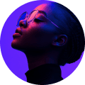 A person in profile wears sunglasses, bathed in vibrant purple and blue neon light, conveying a futuristic and confident mood against a black background.