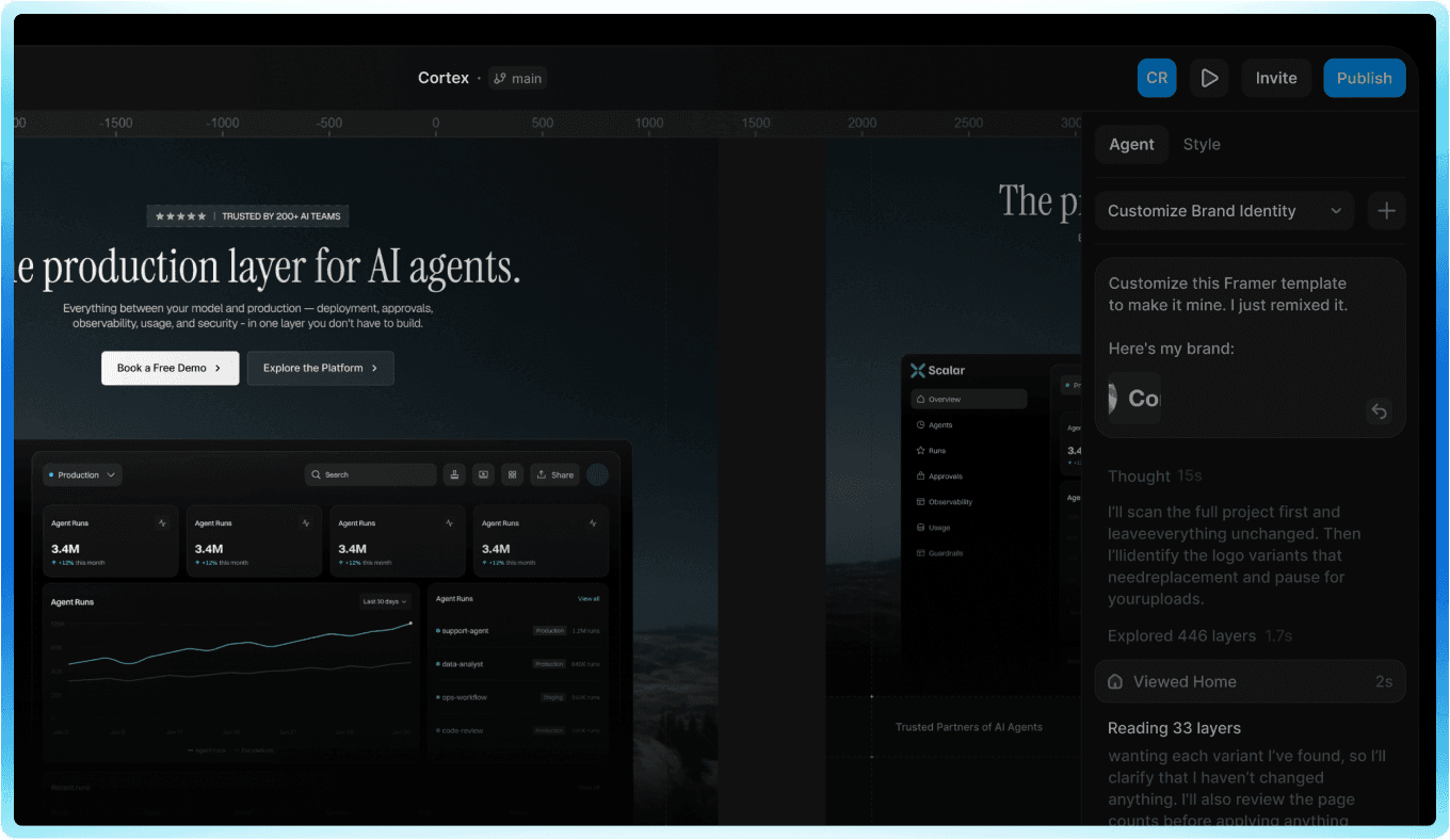Framer AI restyling a template's colors and fonts