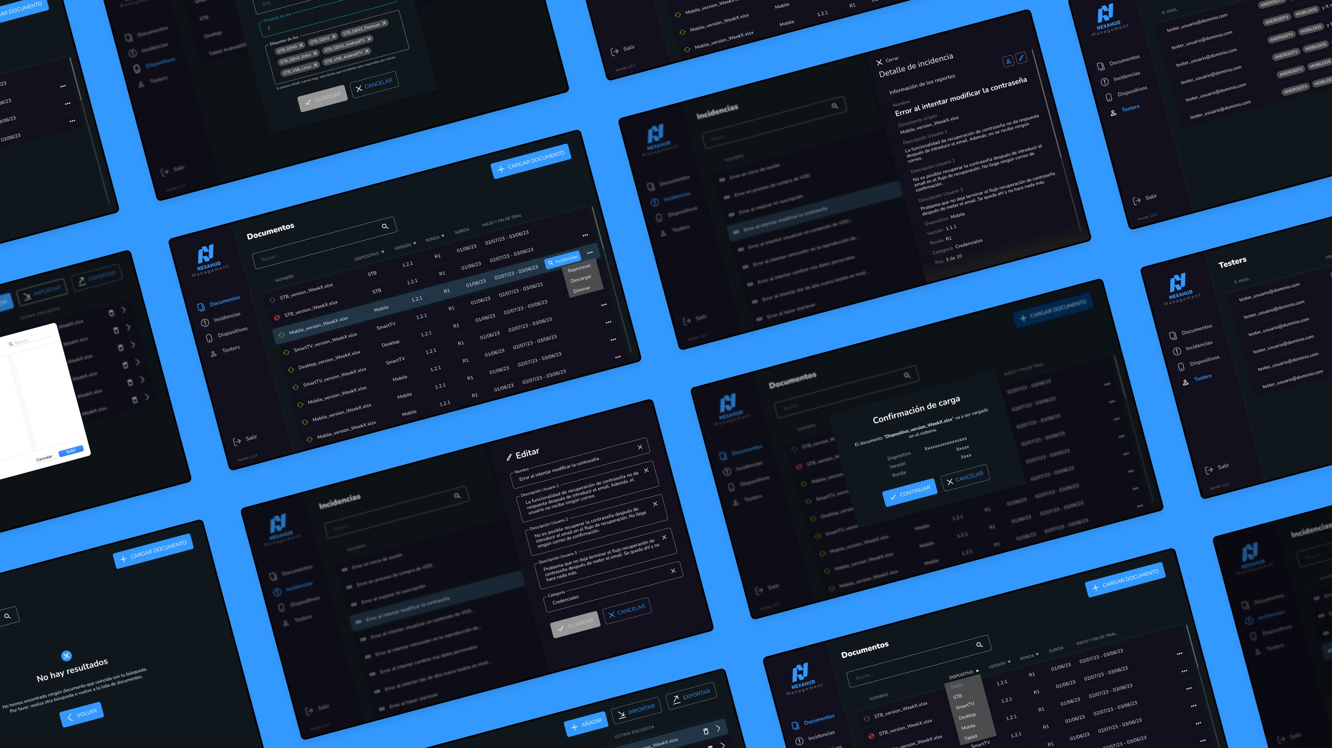 A collection of blue and black screens displaying various types of information, representing mockups of a CMS app.
