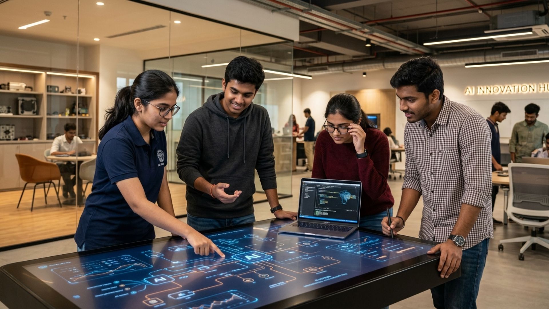 Engineering students working on an AI project in an innovation lab while exploring will AI take away engineering jobs