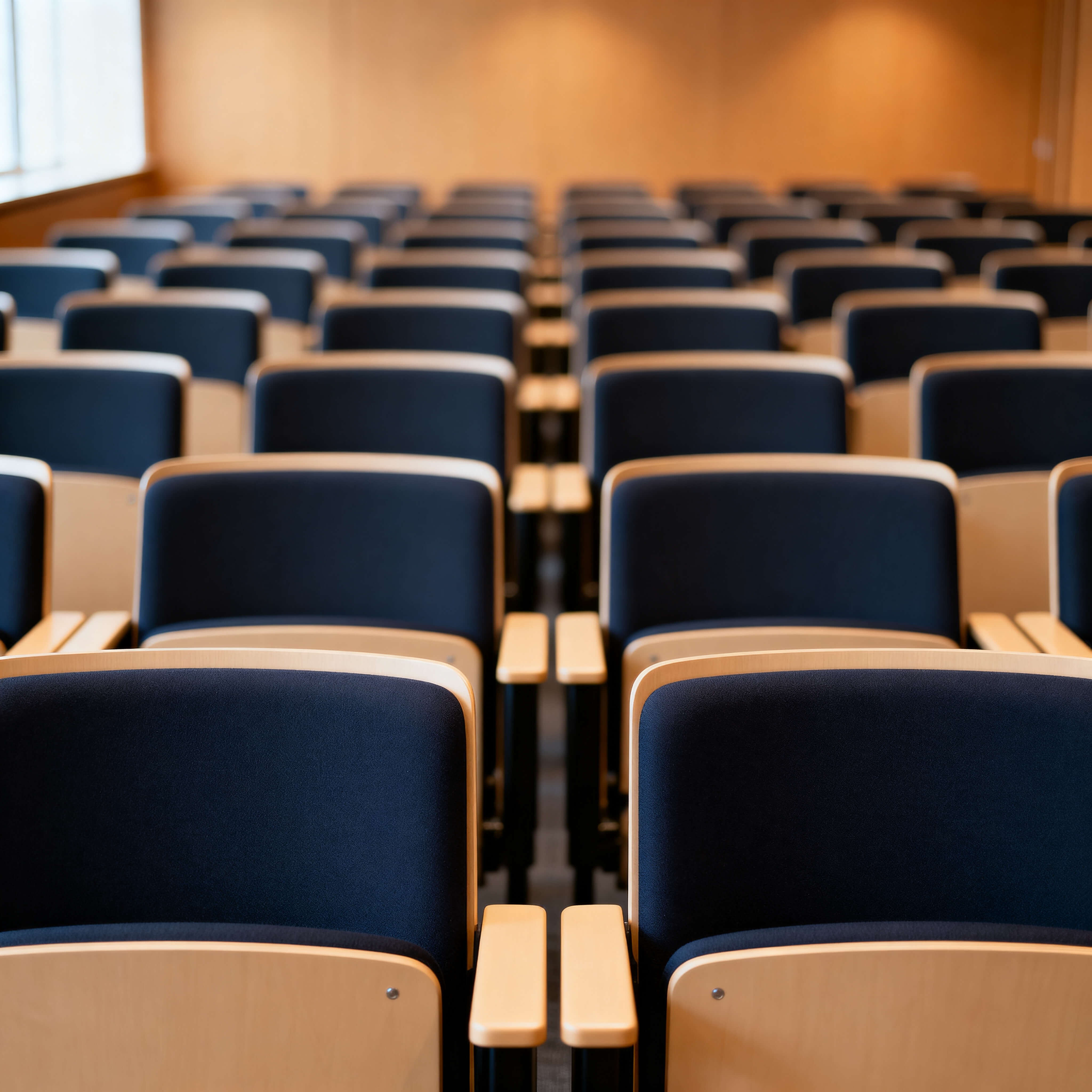 Auditório vazio com fileiras de cadeiras azuis organizadas em frente a um palco, com luz natural e composição arquitetônica limpa, representando o ambiente de palestras técnicas.