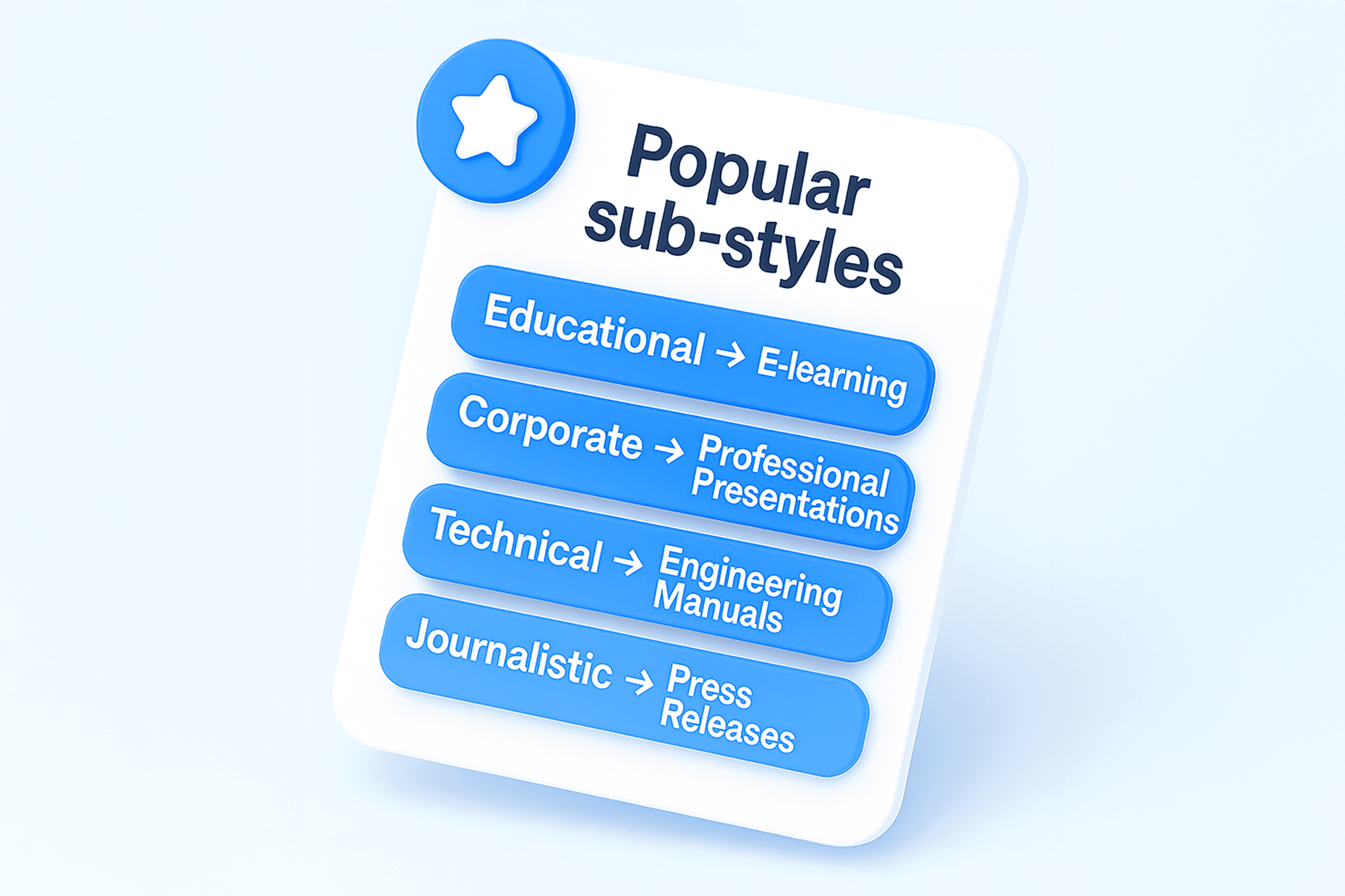 3D card-style illustration titled ‘Popular sub-styles’ with buttons for Legal → Contracts, Terms & Conditions, Privacy Policies, and Compliance Docs