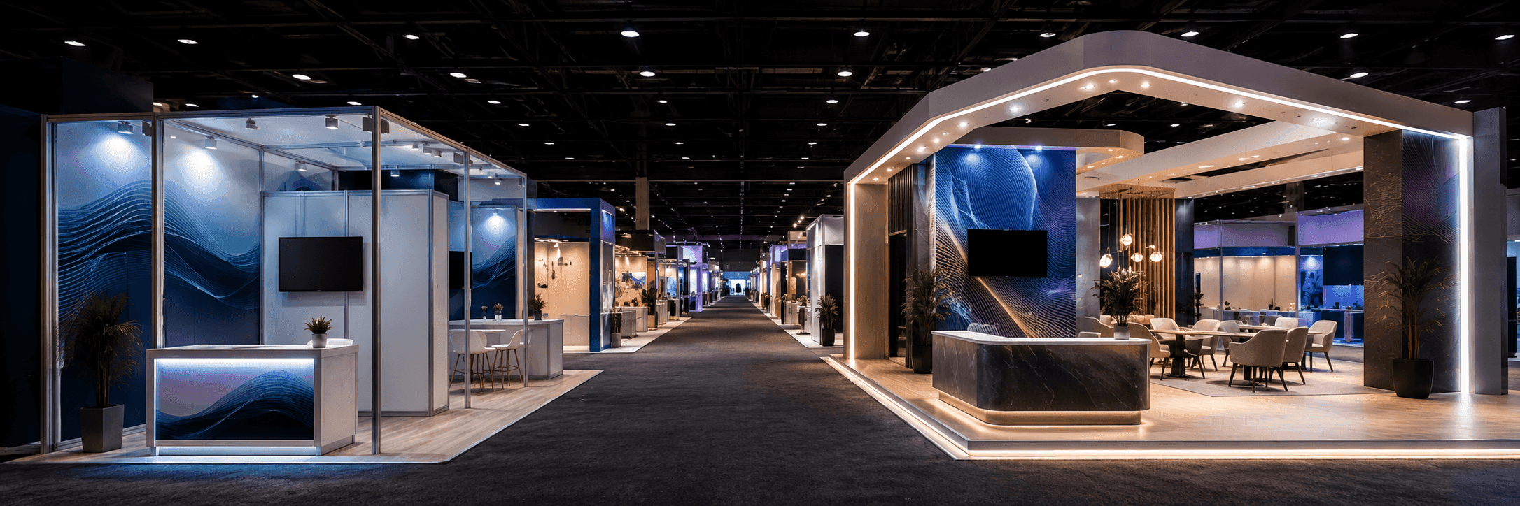 Customizable booth rental versus custom booth build for Las Vegas trade shows with branded graphics, demo counters, meeting areas, and show-floor setup
