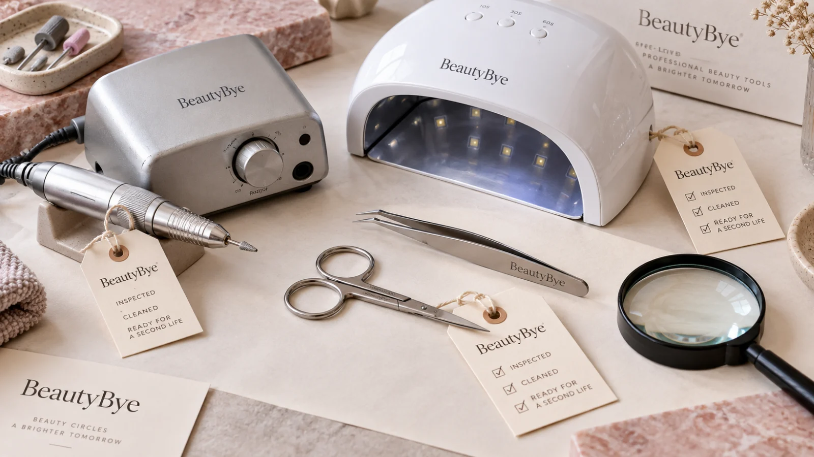 BeautyBye professional beauty tools arranged for a condition inspection on a neutral studio background
