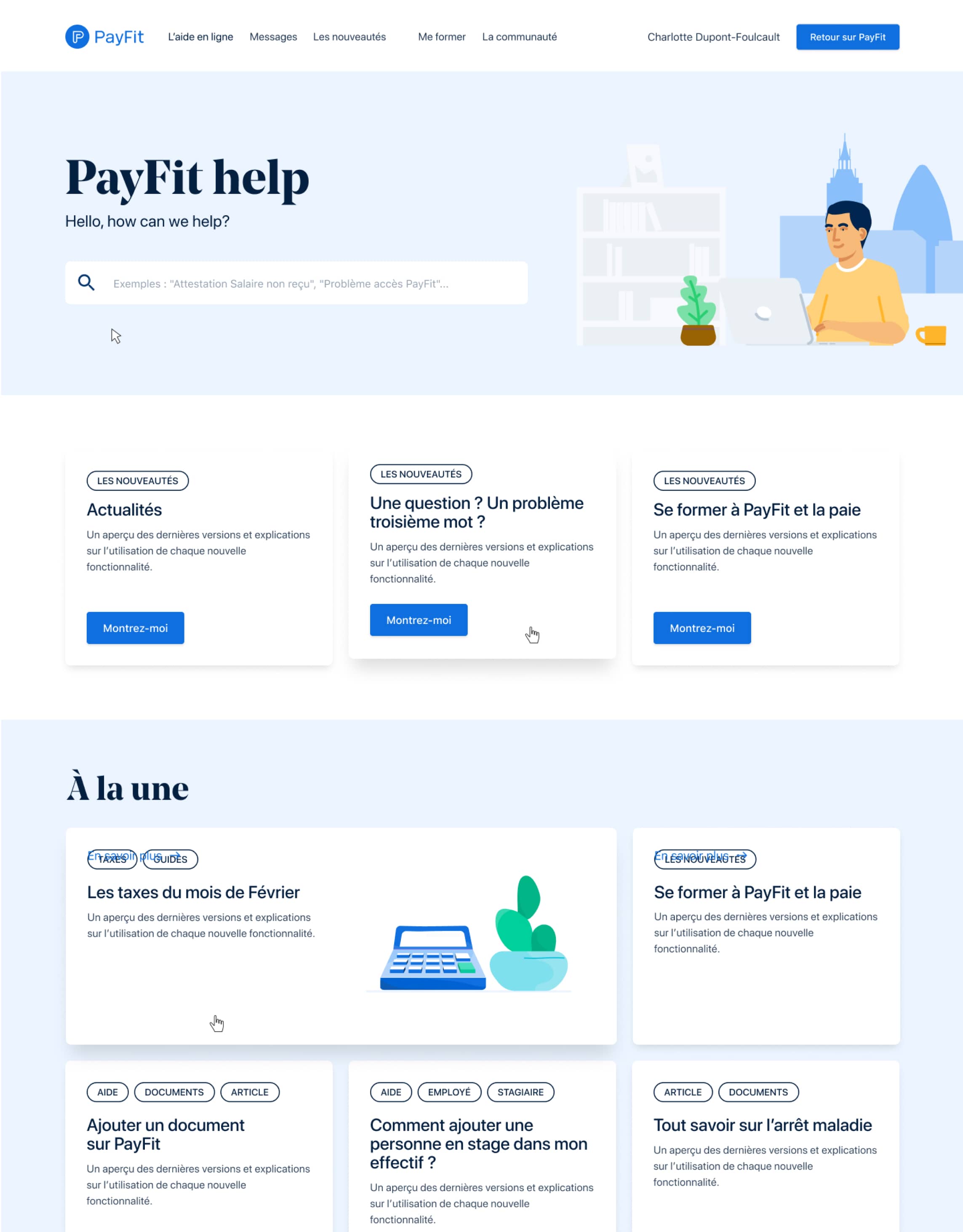 Wireframes mid-fidelity du help center PayFit — homepage générique, homepage contextuelle par pays, et page article, réalisés pour tester les parcours utilisateurs internes et clients.