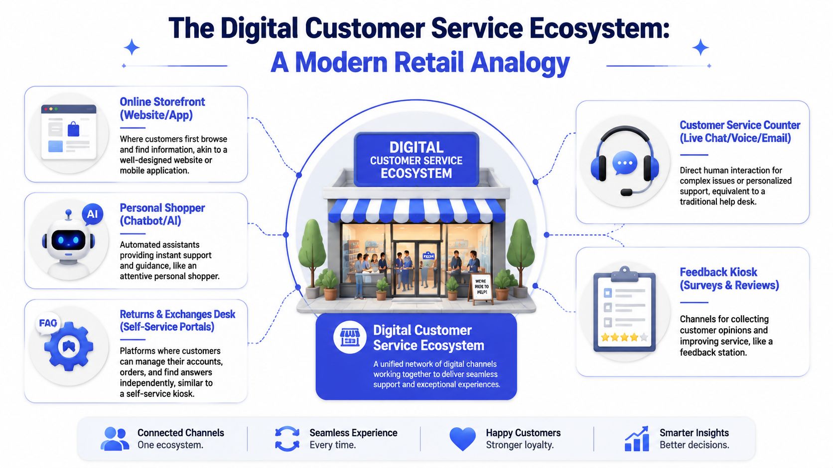 An infographic illustrating the digital customer service ecosystem as a modern retail store shopping experience analogy.