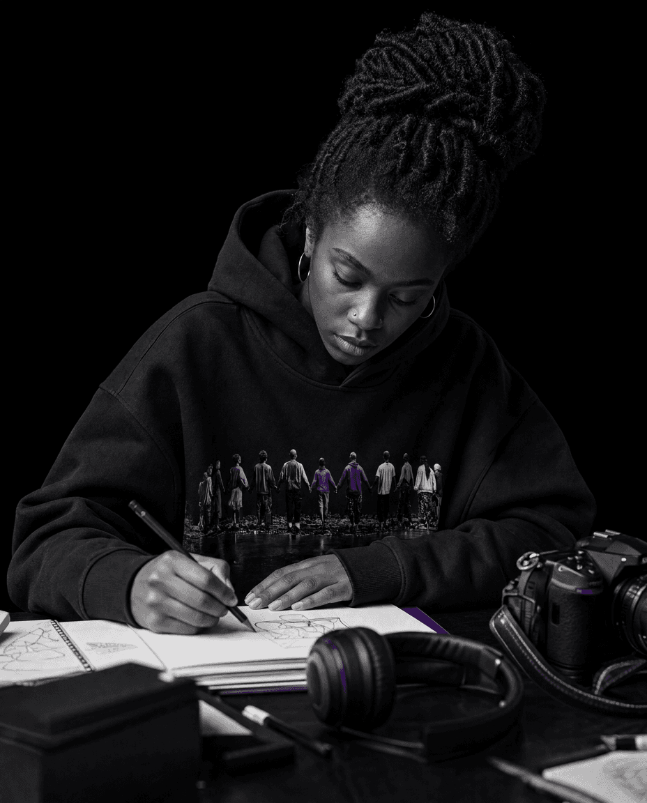 Woman in a black Session Zone community-graphic hoodie writing beside headphones and a camera.
