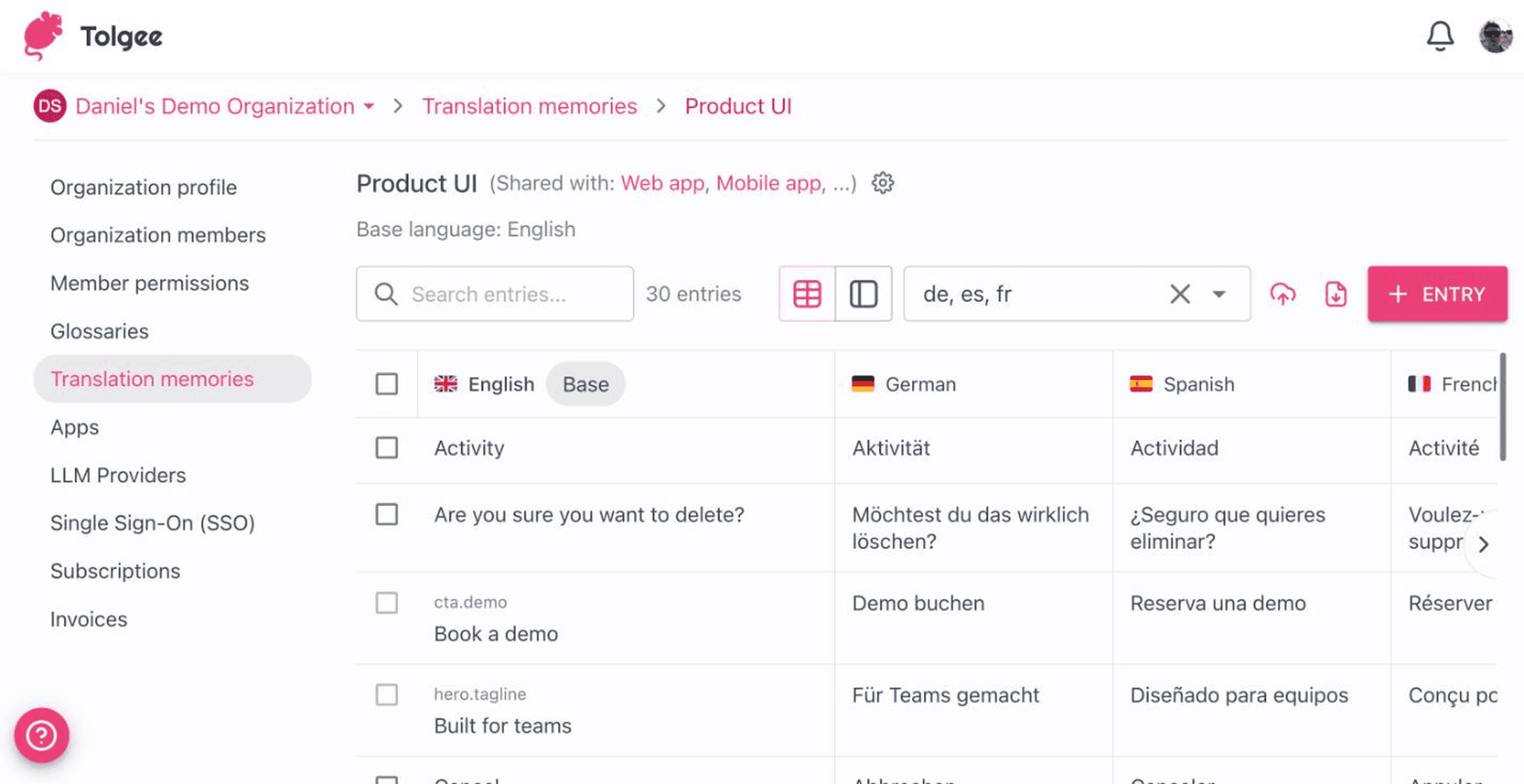 The Product UI memory showing 30 entries after the Marketing site translations synced in.