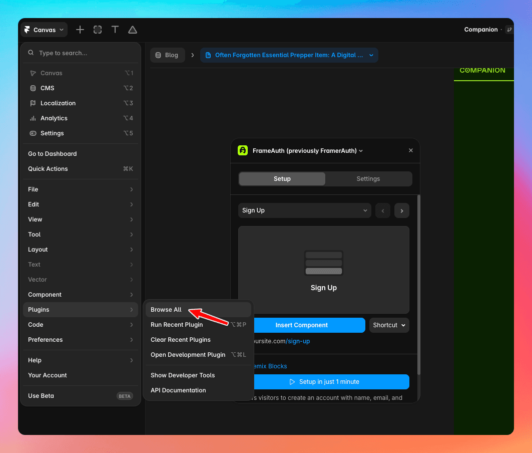 Add Framer plugin, search FramerAuth