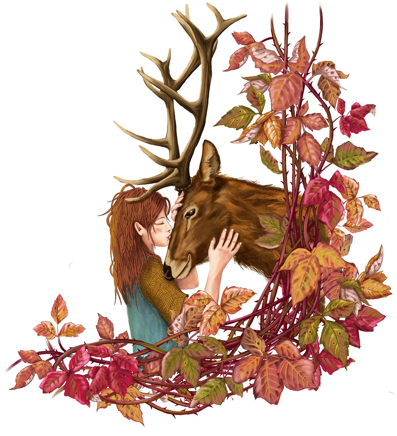 Ein Mädchen mit einem Hirsch Stirn an Stirn inmitten von herbstlichgefärbten Brombeerranken