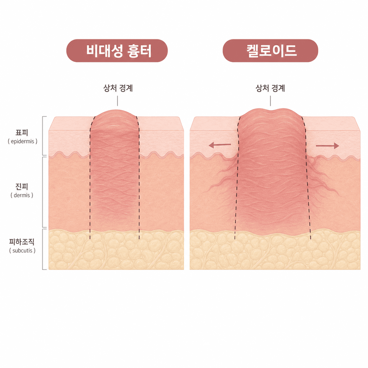 상처 경계 안에 머무는 비대성 흉터와 경계를 넘어 번지는 켈로이드의 비교